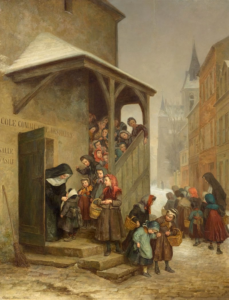 Bambini che escono da scuola scortati dalle suore (1868)
